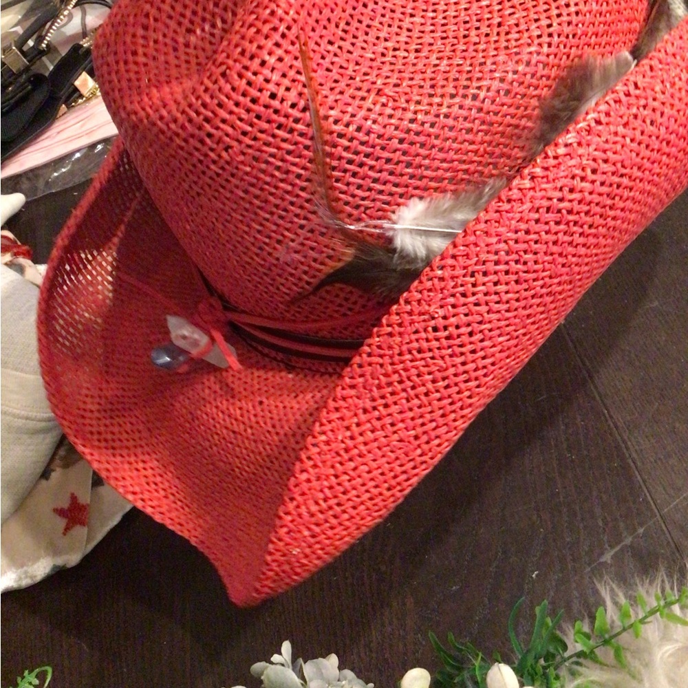 NEW! Vintage upcycled Peter Grimm Red Straw Cowboy Hat with Horse Patch - Picture 8 of 8